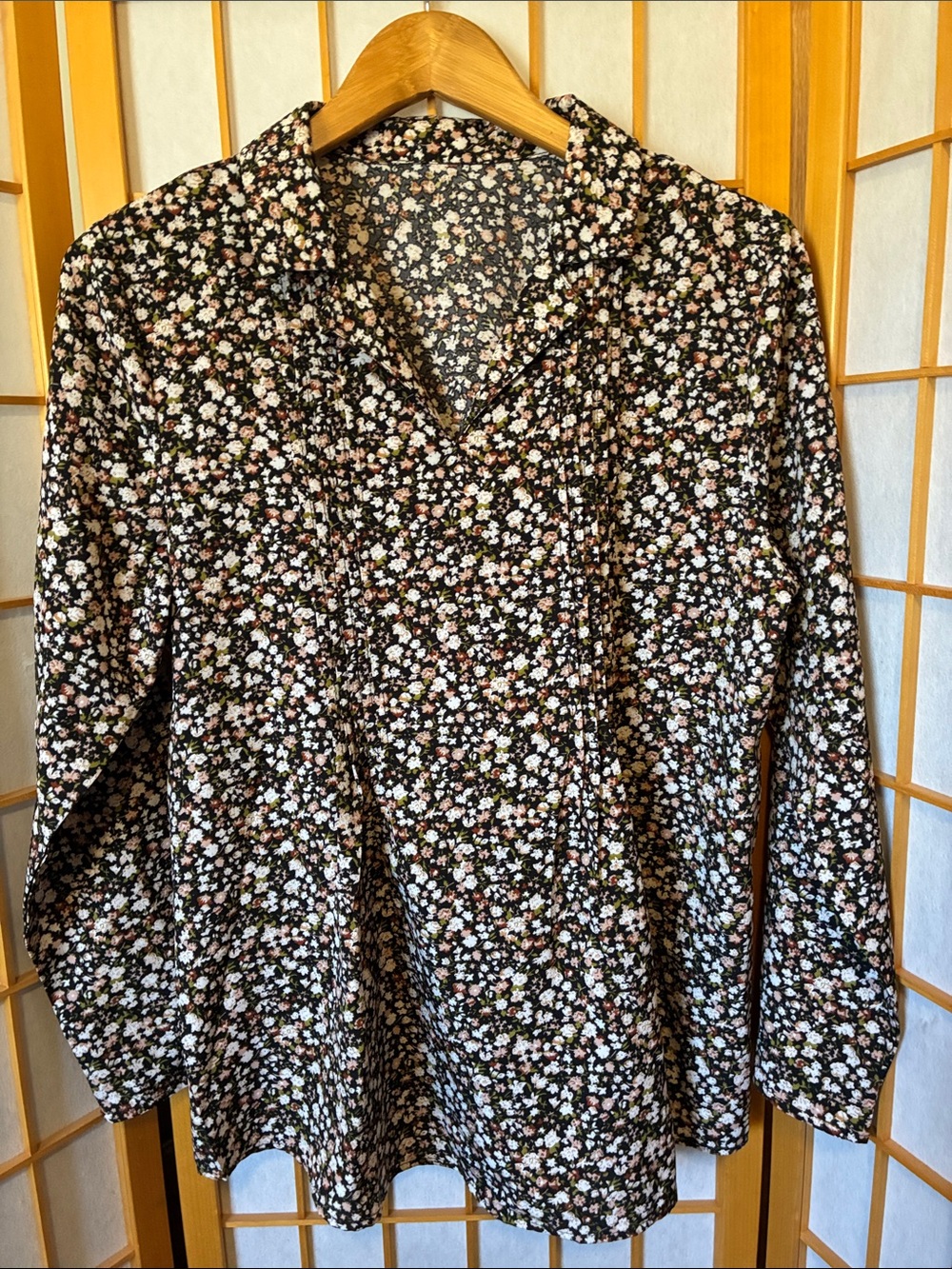 Women's Black Floral PleatedYoke Blouse